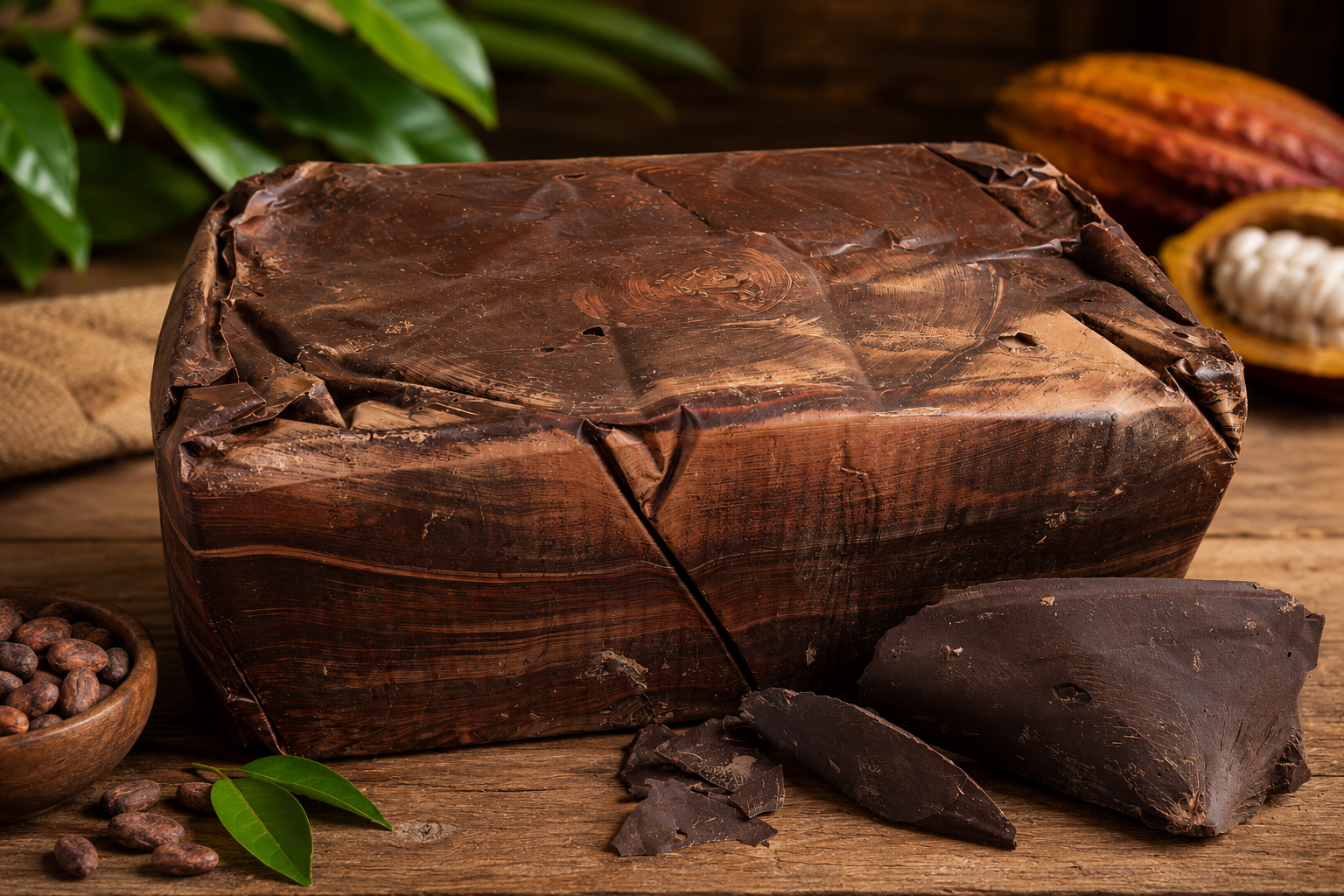 A commercial sized wholesale bulk 22kg block of premium Peruvian organic cacao mass. Fine chocolate ingredients